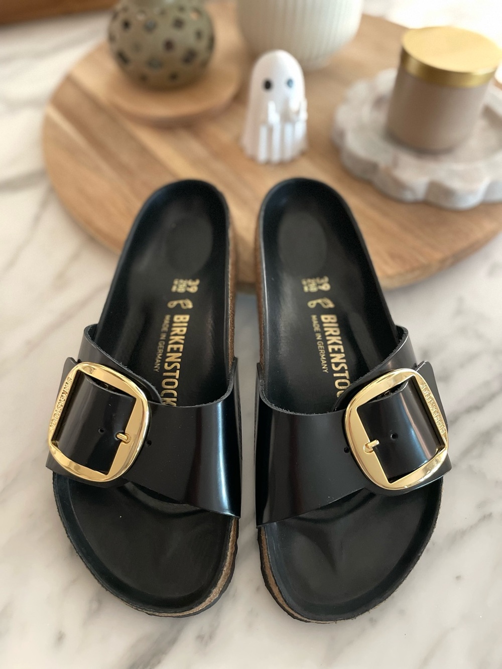Birkenstock Madrid Big Buckle High Shine Black / Gold Size 39 REGULAR Width